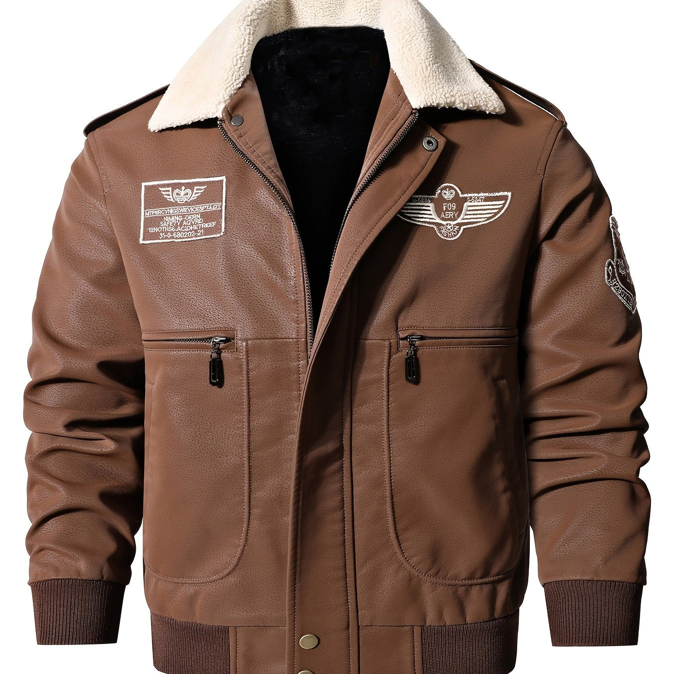 Men's Vintage Bomber Jacket - Motorcycle Flight Coat with Fleece Lining, Brown Military Style Winter Outerwear, Patches, Zipper Closure, Slim Fit, Casual Retro Look, Cold Weather Gear | Military Style Jacket | Ribbed Cuffs Ja
