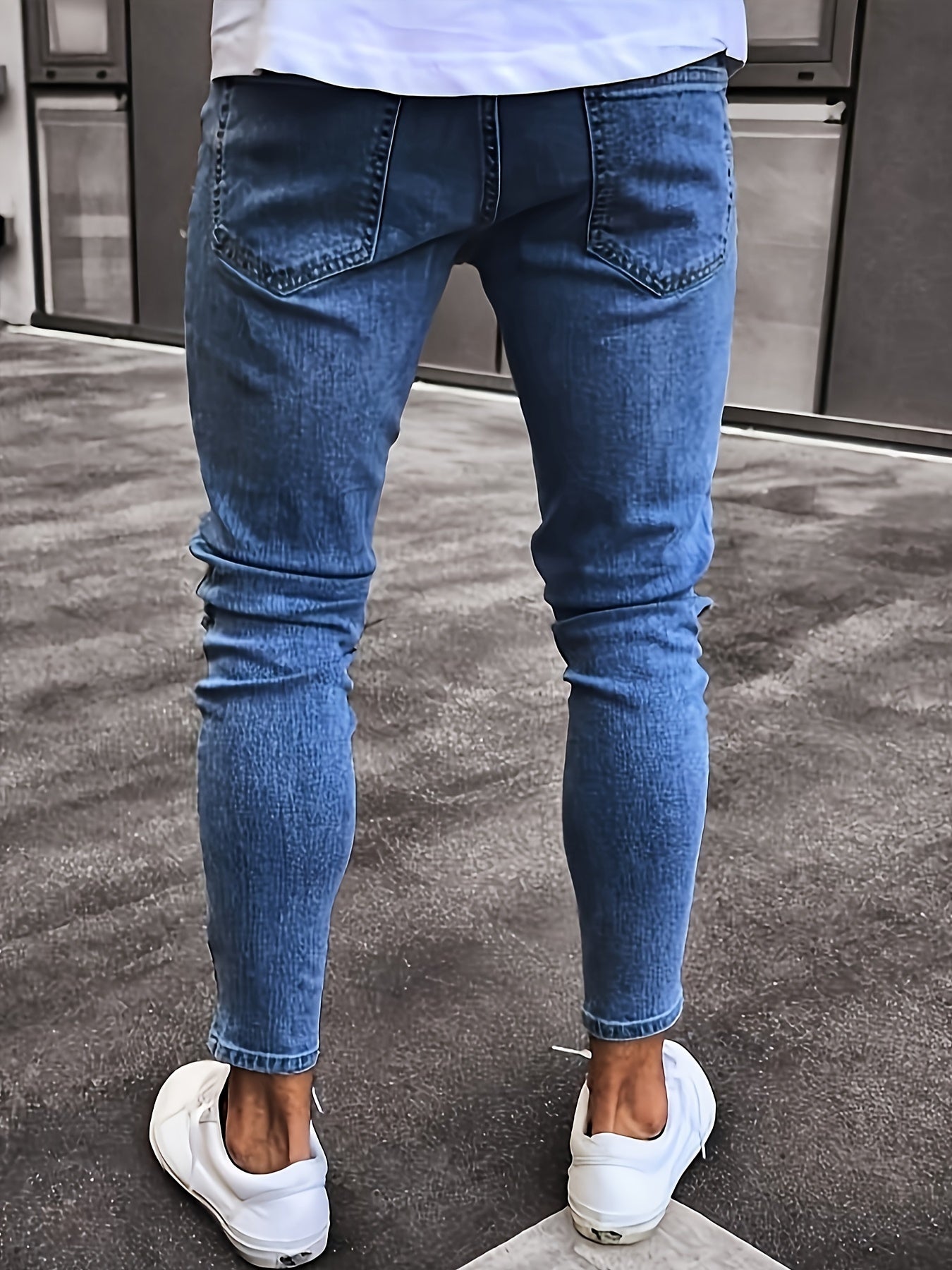 Men's Hip-Hop Style Slim Fit Stretch Denim Jeans with Distressed Details, Ripped Badge Accents - Mid-Rise, Raw Hem, Machine Washable, Grey