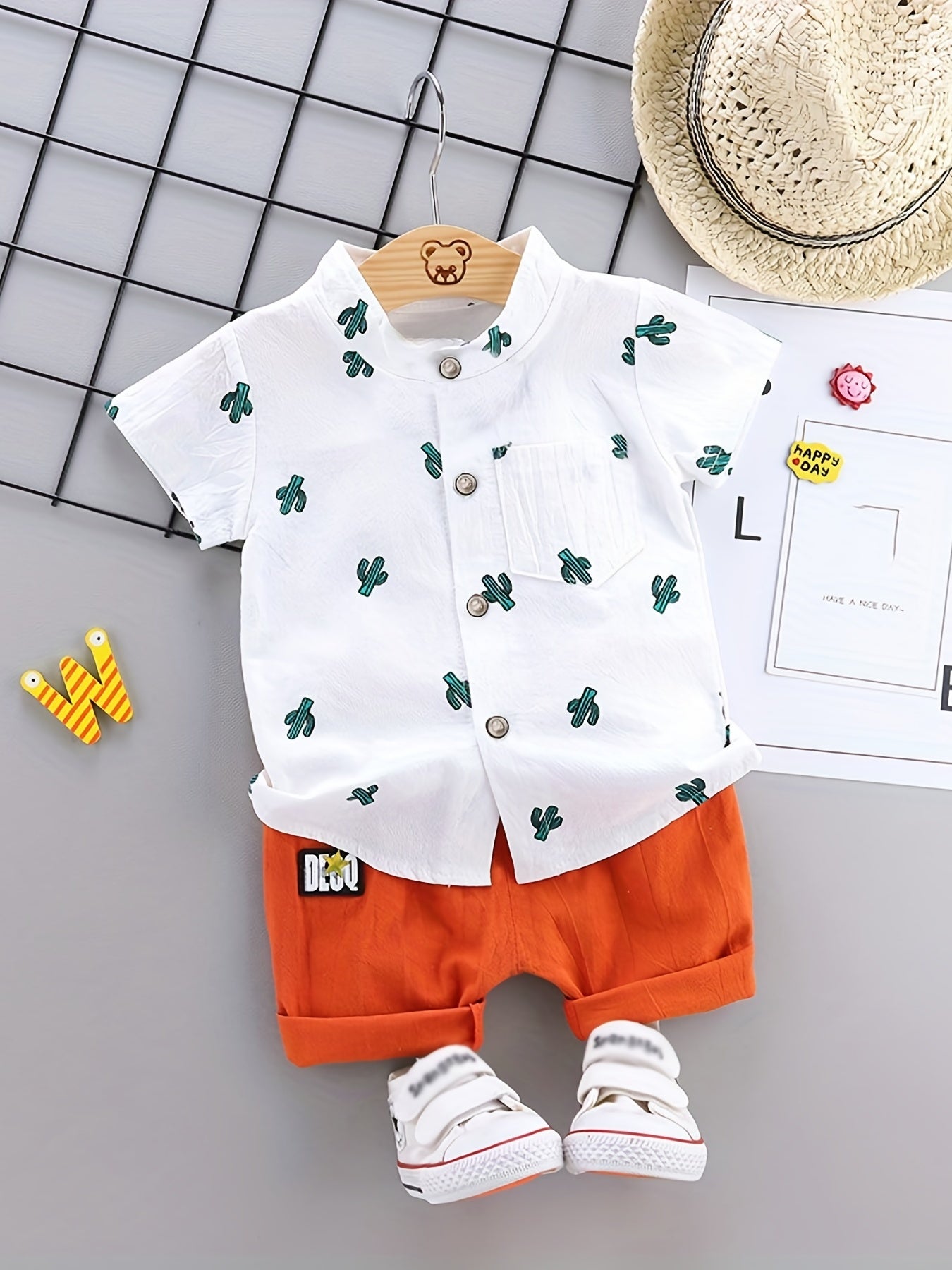 2pcs Toddler Dinosaur Print Short Sleeve Shirt & Shorts Set - Boys Summer Clothes, Elastic Waist, Button Front, Short Sets