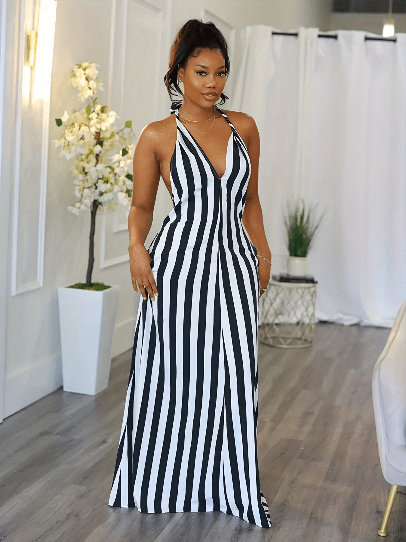 Vibrant Striped Halter Dress - Flattering V-Neck, Daring Backless Design, Chic Halter Neck Style, Perfect for Warm Weather - Womens Fashion Apparel, Stylish Clothing for Ladies, Spring and Summer Essential