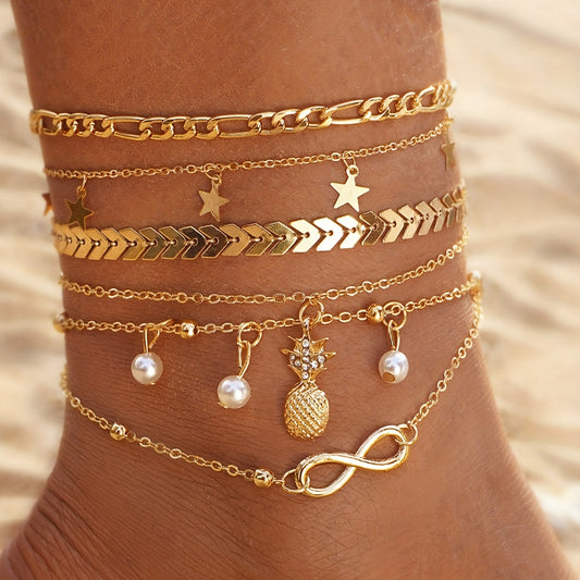 Vintage Golden Pineapple Faux Pearl Charm Anklet 5pcs/Set