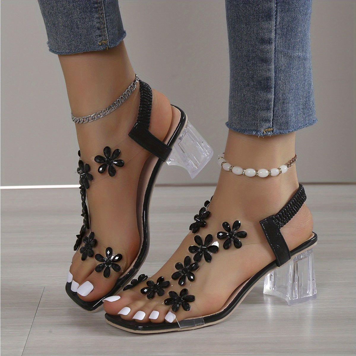 Glittering Flower Rhinestone Block Heel Sandals - Square Open Toe with Elastic Slip-On Straps - Dazzling High Heels for Versatile Fashion