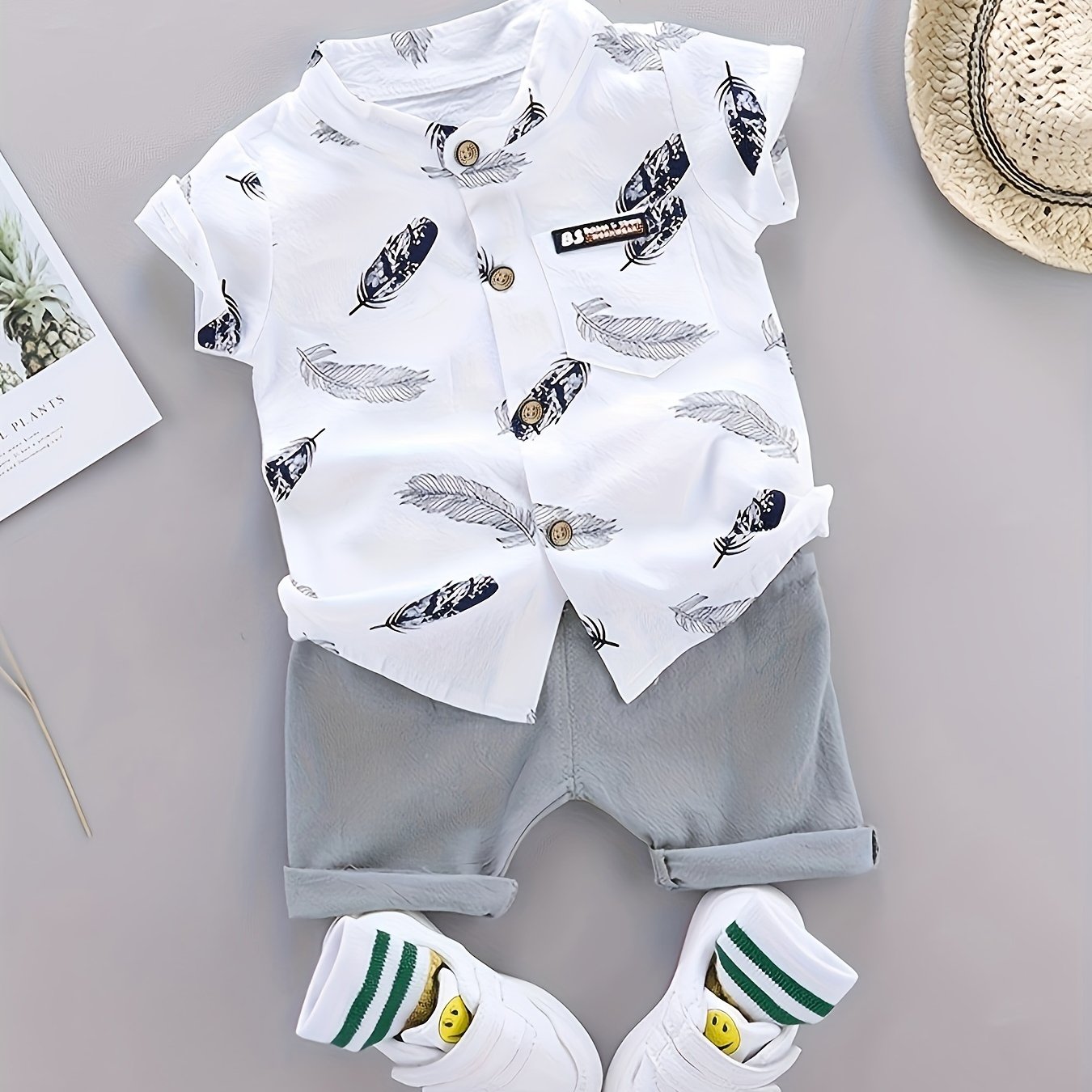 2pcs Baby Boys Casual Feather Pattern Short Sleeve Shirt & Shorts Set Clothes Outdoor Set