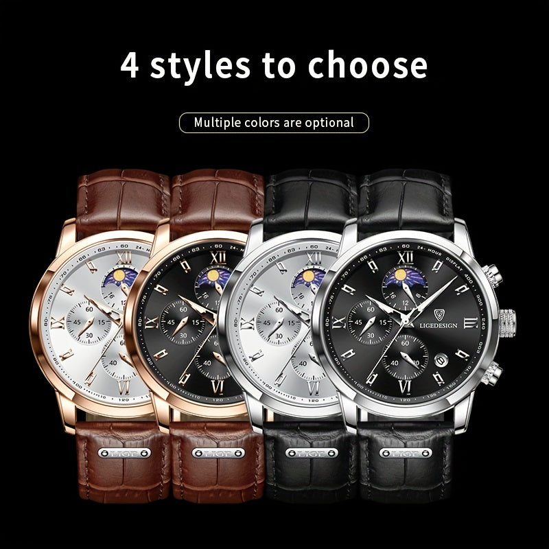 [LIGE Luxury Men Watch] LIGE Luxury Men Watch - PU Leather Chronograph Sport Quartz Wristwatch for Men - Christmas Gift