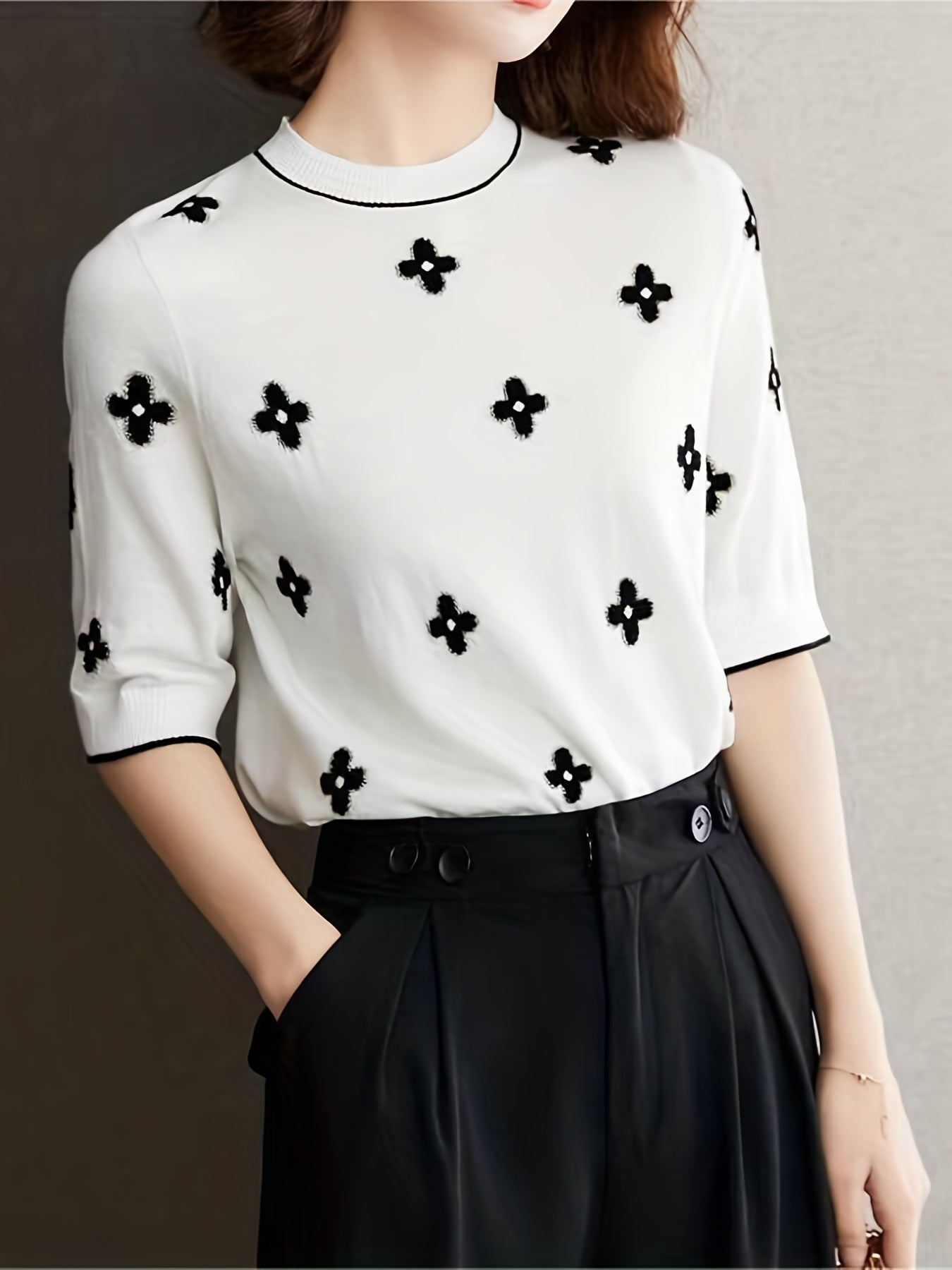 Valentine's Day Floral Print Knit Sweater, Casual Crew Neck Half Sleeve Sweater For Spring & Summer, Women's Clothing
