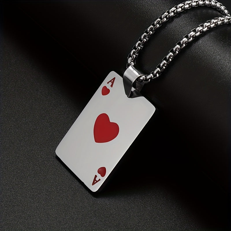 1pc Unique Men's Stainless Steel Chain Necklace with Intricately Designed Playing Cards Pendant - Fashionable Accessory for Men - Durable and Water-Resistant Jewelry