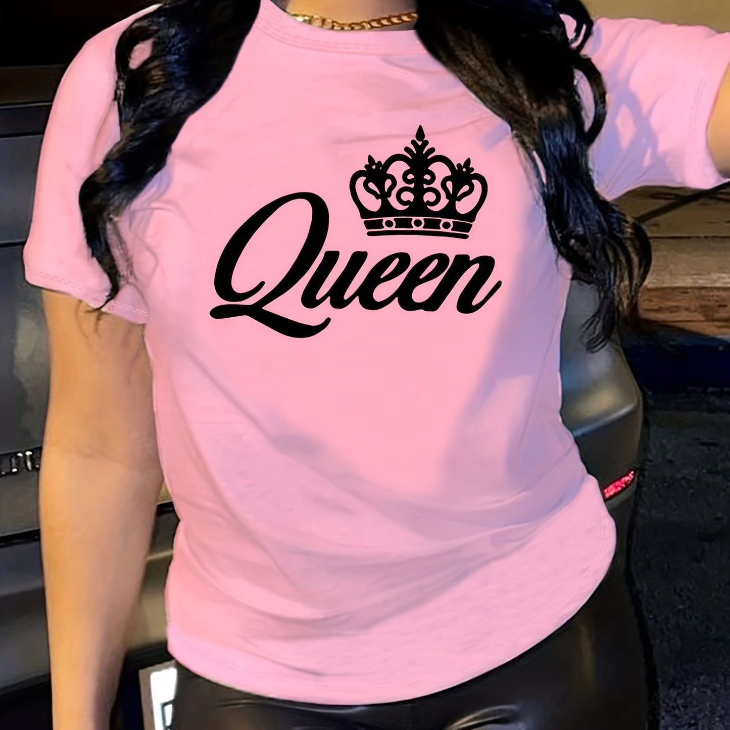 Crown Letter Print Crew Neck T-Shirt, Casual Short Sleeve T-Shirt For Spring & Summer, Women's Clothing
