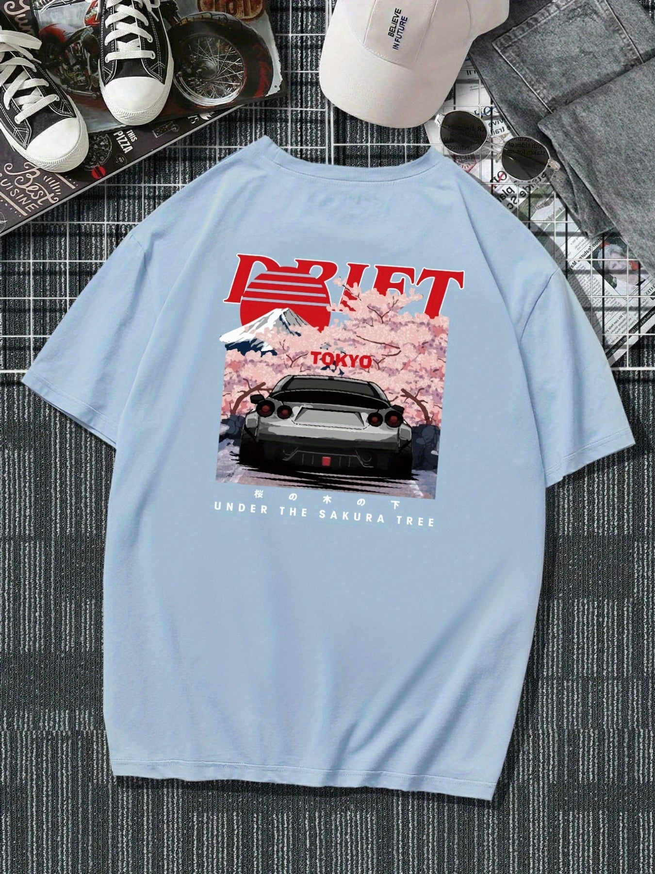 Plus Size Drift Car Men's Casual Trendy Graphic Print Comfortable Crew Neck Short Sleeve T-shirts, Summer Oversized Loose Tees