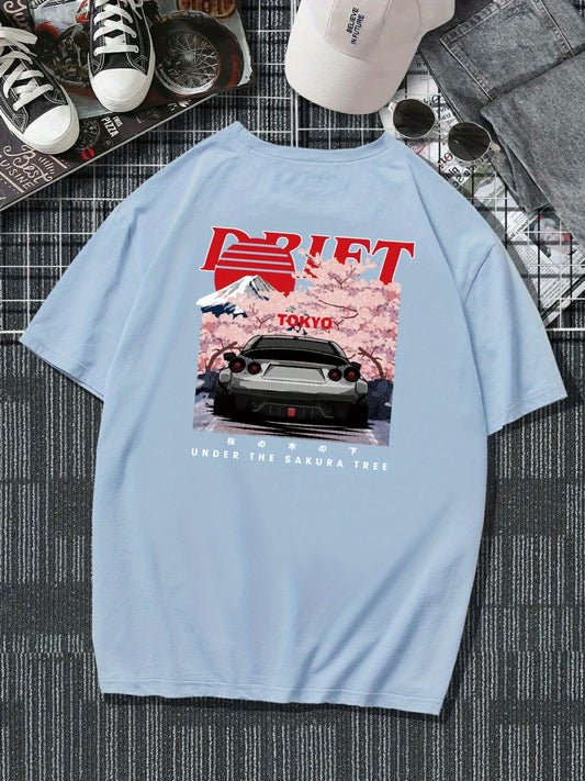 Plus Size Drift Car Men's Casual Trendy Graphic Print Comfortable Crew Neck Short Sleeve T-shirts, Summer Oversized Loose Tees