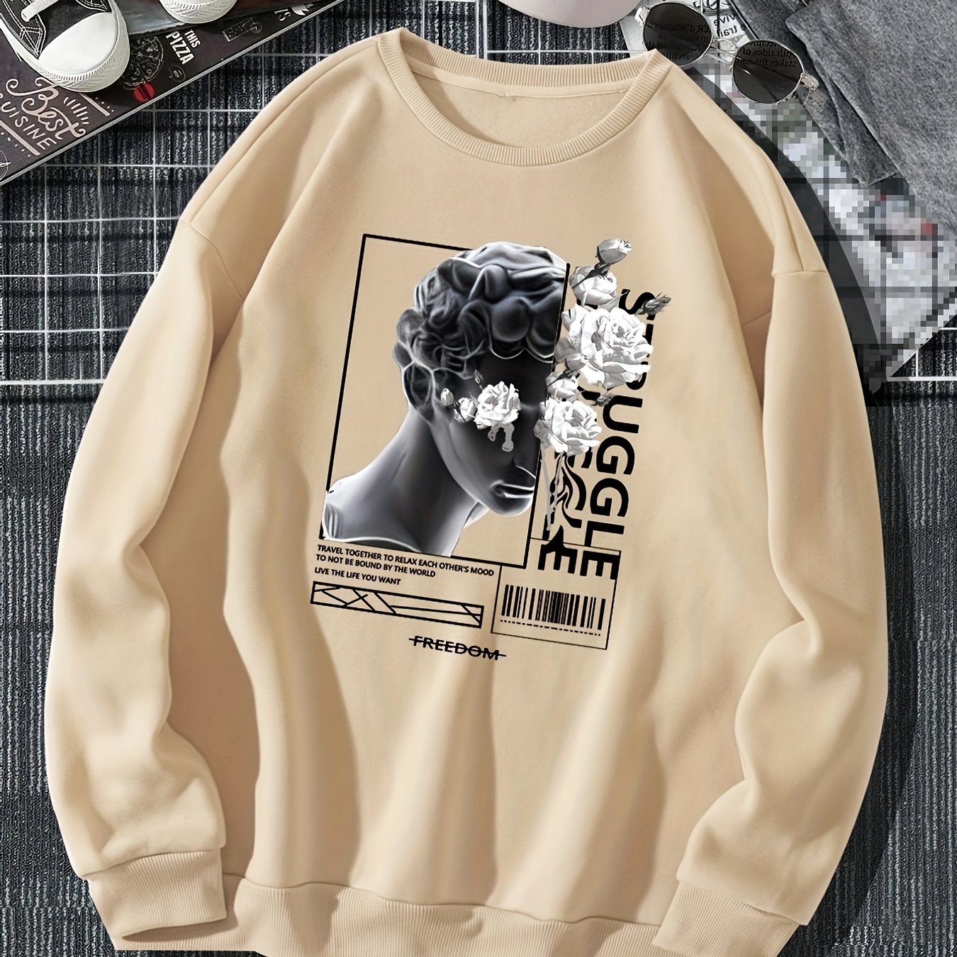 Men And Roses Print, Men's Casual Hoodie, Drawstring Pocket Hoodie