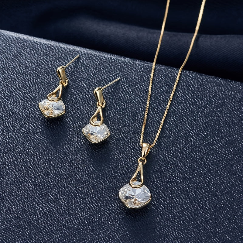 Luxurious Inlaid Square Shape Crystal Jewelry Set - Exquisite Pendant Necklace & Drop Earrings for Women - Perfect Prom Costume Jewelry with Artificial Crystal Accents and Elegant Design