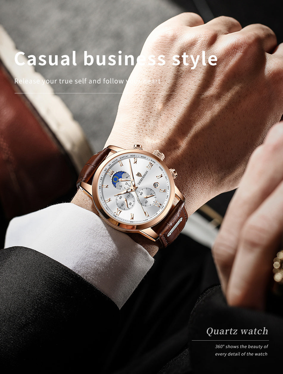 [LIGE Luxury Men Watch] LIGE Luxury Men Watch - PU Leather Chronograph Sport Quartz Wristwatch for Men - Christmas Gift