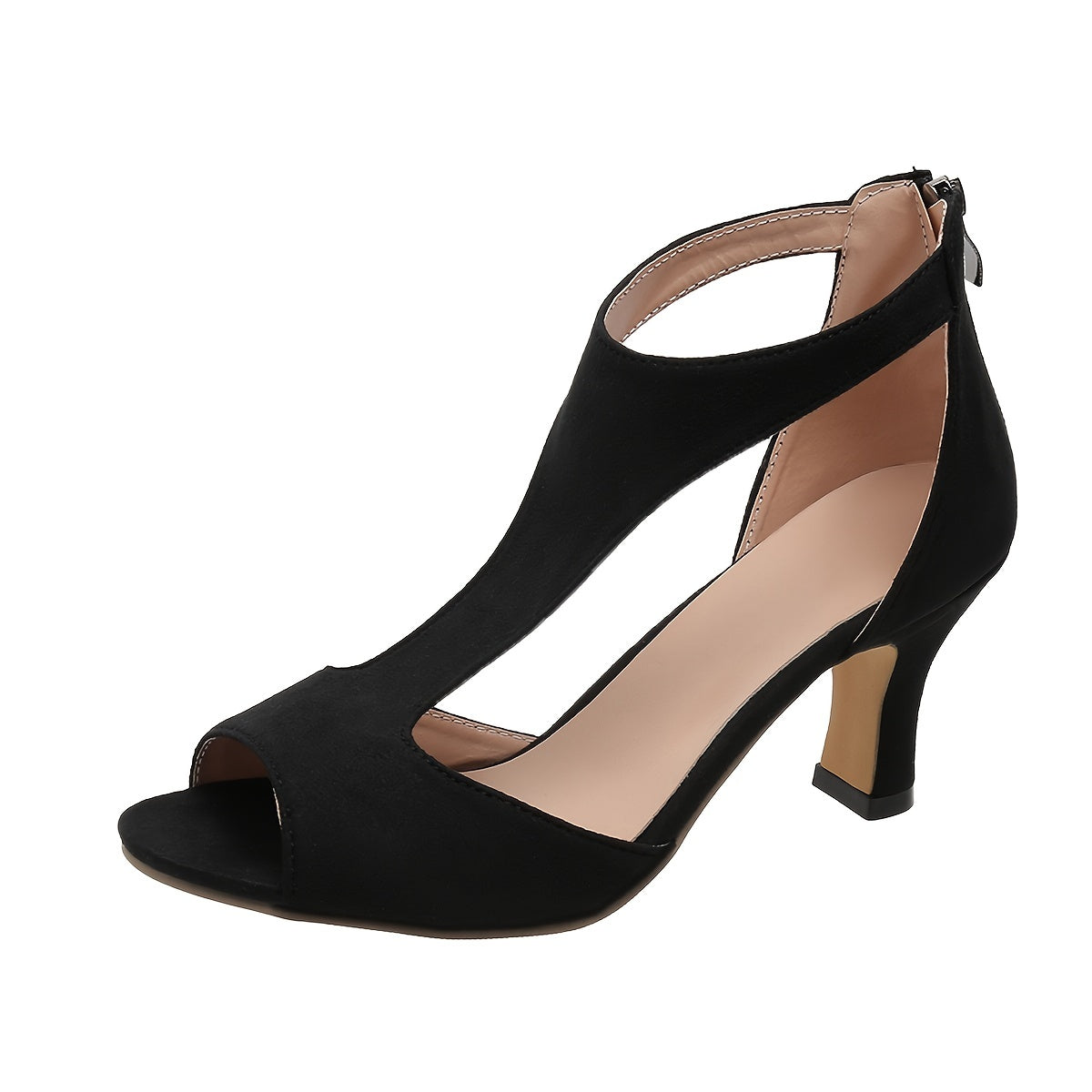 Chic Womens Peep Toe High Heel Sandals - Stylish T-strap, Comfortable Chunky Heel, Zipper Closure - Timeless Black for Versatile Wear