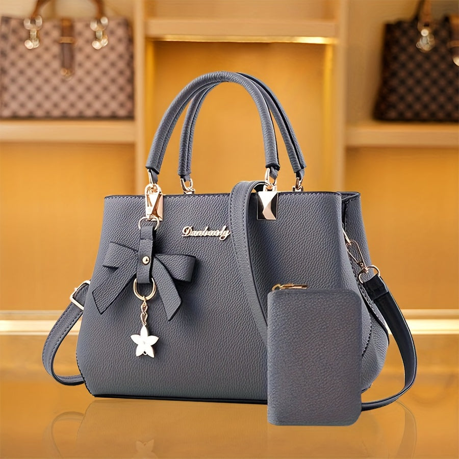 Chic Bow Decor Crossbody Bag for Women - Versatile Top Handle Satchel with Coin Purse, Adjustable Strap, and Zip Closure - Available in Khaki, Dark Pink, Light Blue, Black - Synthetic Material with Acrylic Lining, Cute Handba