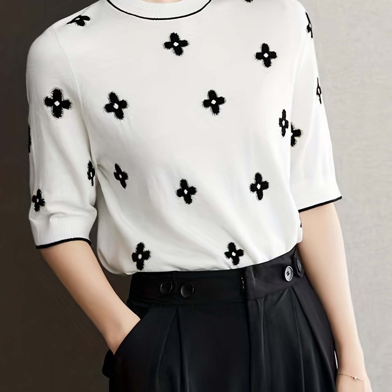 Valentine's Day Floral Print Knit Sweater, Casual Crew Neck Half Sleeve Sweater For Spring & Summer, Women's Clothing