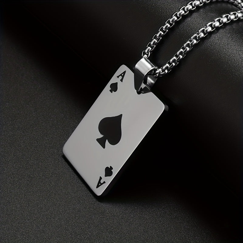 1pc Unique Men's Stainless Steel Chain Necklace with Intricately Designed Playing Cards Pendant - Fashionable Accessory for Men - Durable and Water-Resistant Jewelry