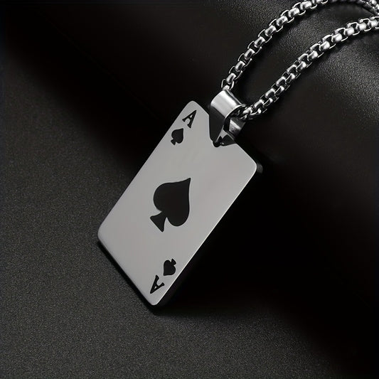 1pc Unique Men's Stainless Steel Chain Necklace with Intricately Designed Playing Cards Pendant - Fashionable Accessory for Men - Durable and Water-Resistant Jewelry