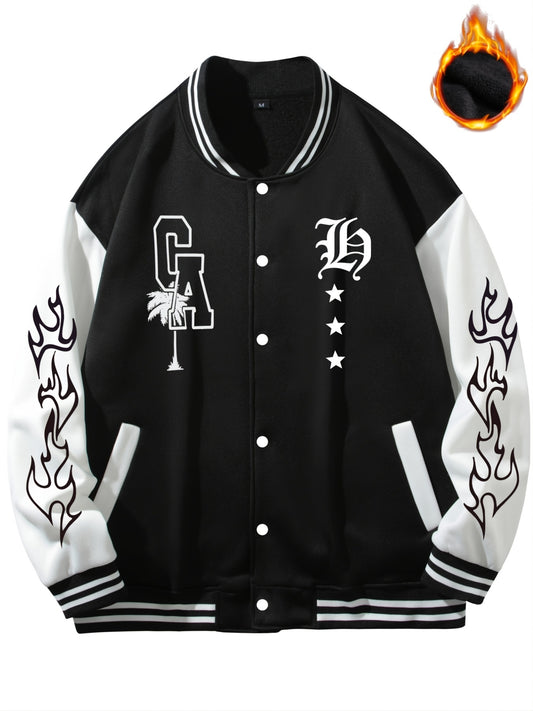Warm Letter Print Star Pattern Embroidery Varsity Jacket, Men's Casual Color Block Button Up Jacket For Spring Fall School Baseball