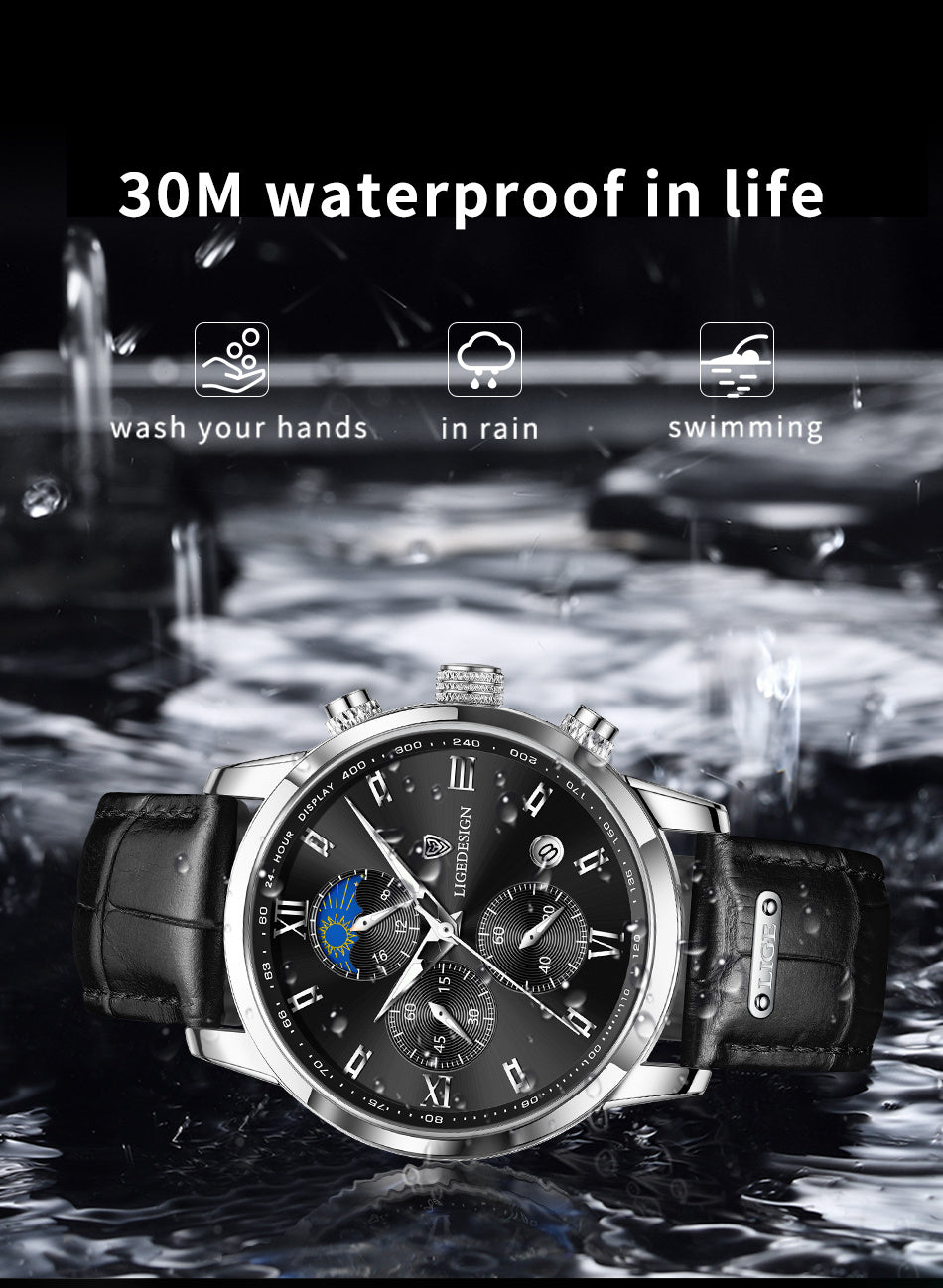 [LIGE Luxury Men Watch] LIGE Luxury Men Watch - PU Leather Chronograph Sport Quartz Wristwatch for Men - Christmas Gift