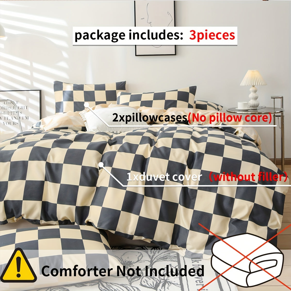 3pcs Checkered Duvet Cover Set, Bedding Set For Bedroom, Guest Room (1*Duvet Cover + 2*Pillowcases, Without Core)