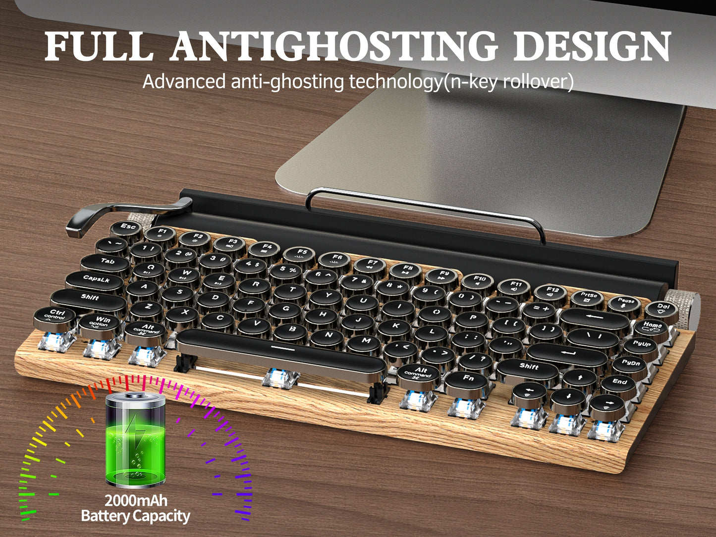 Wired & Wireless Retro Multi-Device Mechanical Typewriter, Compact 80% Layout Keyboard, Hotswappable, Wireless 5.0, Round Keycaps, LED Backlit, For Windows/IOS/Android/Linux