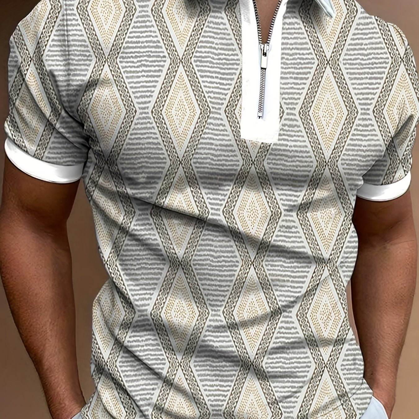 Geometric Pattern Print Men's Casual Short Sleeves Zipper Graphic Shirts, Lapel Collar Tops Pullovers, Men's Clothing For Summer
