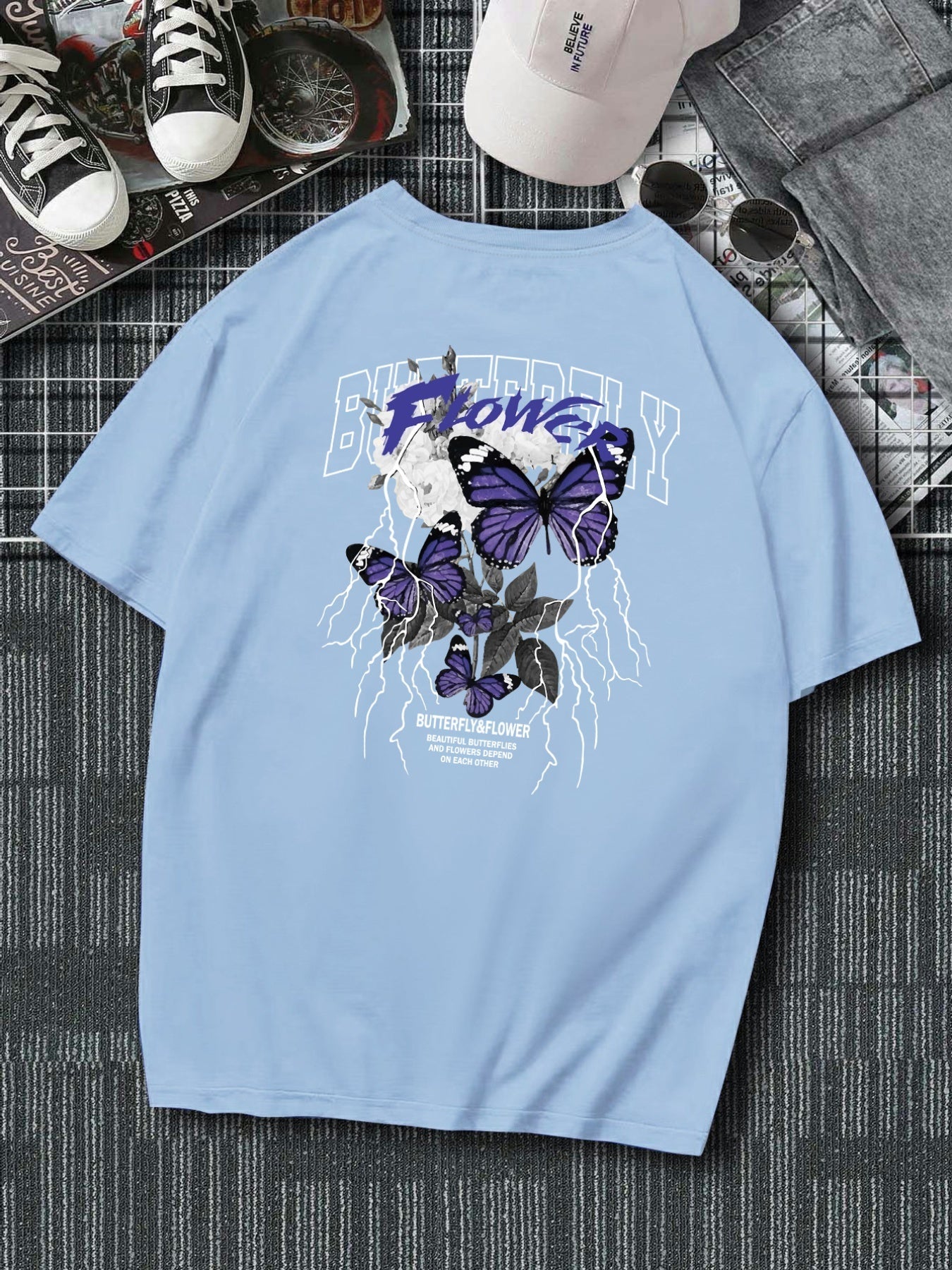 Plus Size Butterfly Men's Casual Trendy Graphic Print Comfortable Crew Neck Short Sleeve T-shirts, Summer Oversized Loose Tees