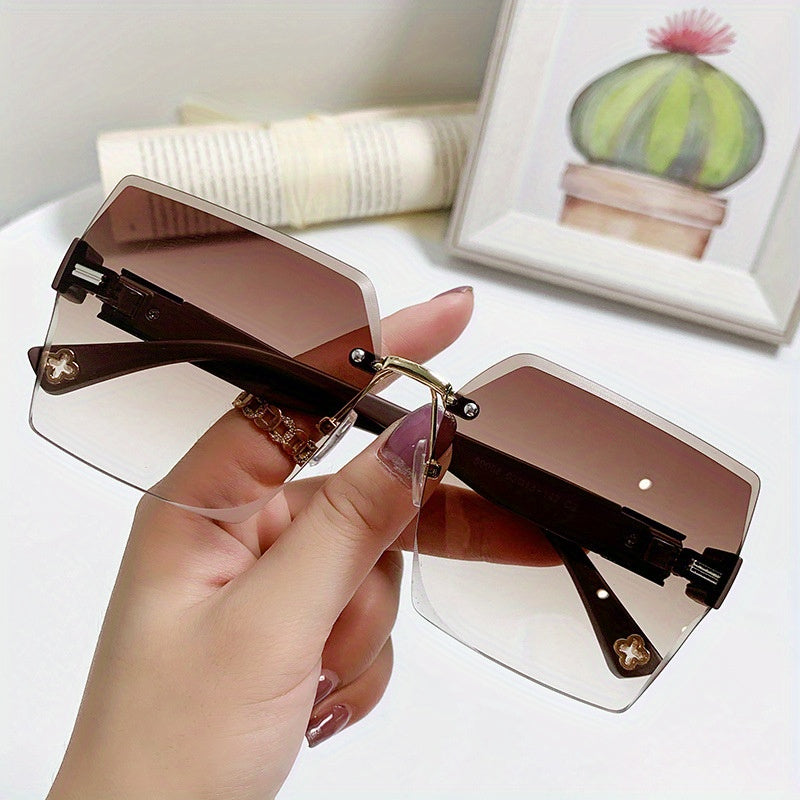 Rimless Square Fashion For Women Men Gradient Lens Cut Edge Glasses Metal Flower Decor Hollow Temple Eyewear