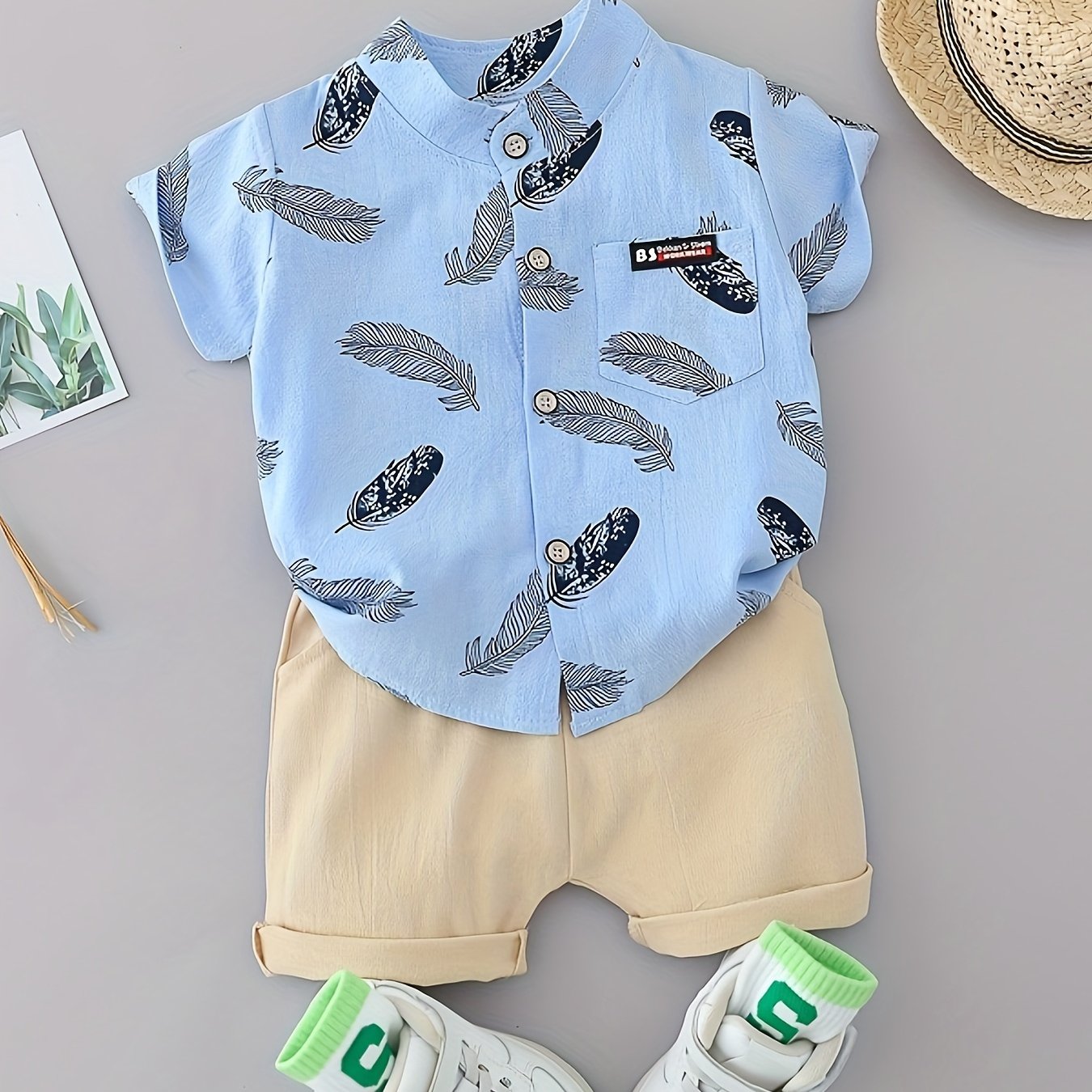 2pcs Baby Boys Casual Feather Pattern Short Sleeve Shirt & Shorts Set Clothes Outdoor Set