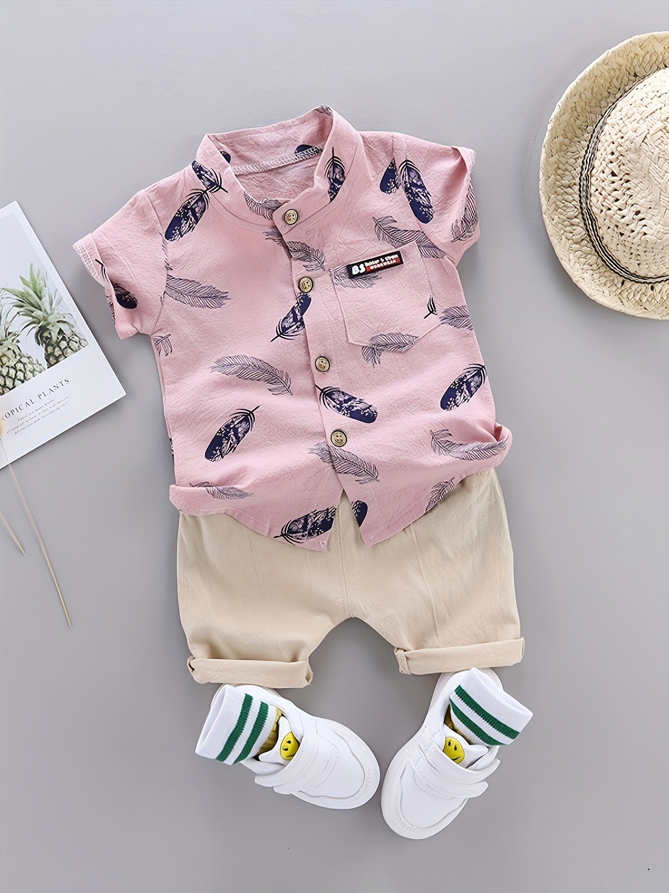 2pcs Baby Boys Casual Feather Pattern Short Sleeve Shirt & Shorts Set Clothes Outdoor Set