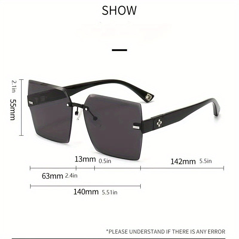 Rimless Square Fashion For Women Men Gradient Lens Cut Edge Glasses Metal Flower Decor Hollow Temple Eyewear