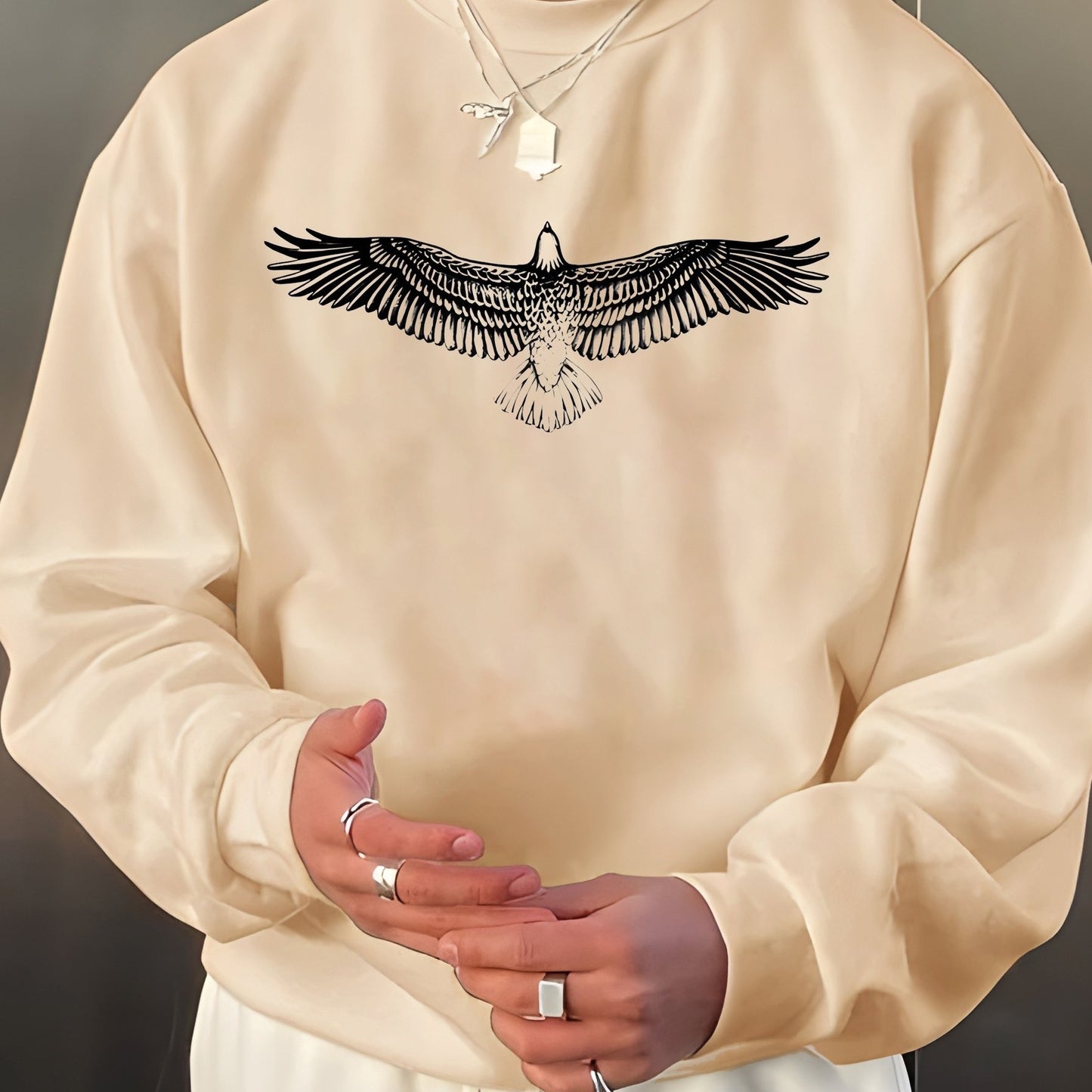 Big Eagle Print Men's Crew Neck Long Sleeve Sweatshirt, Casual Wear, Men's Clothing