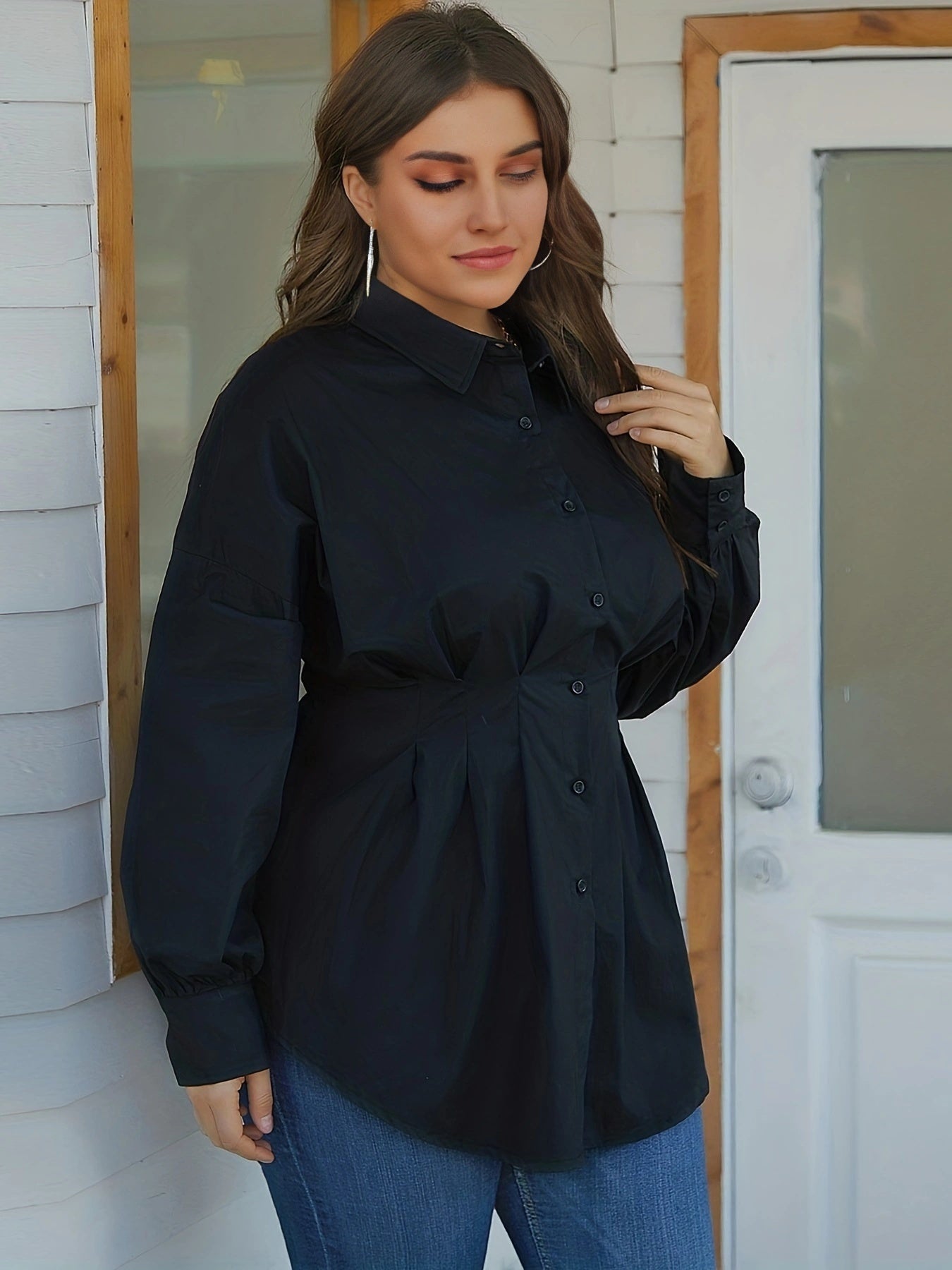 Fashionable Solid Lapel Womens Dress - Flattering Drop Shoulder, Button Down, Adjustable Tie Waist, Ruffle Hem - Timeless Elegant Style for Everyday Wear