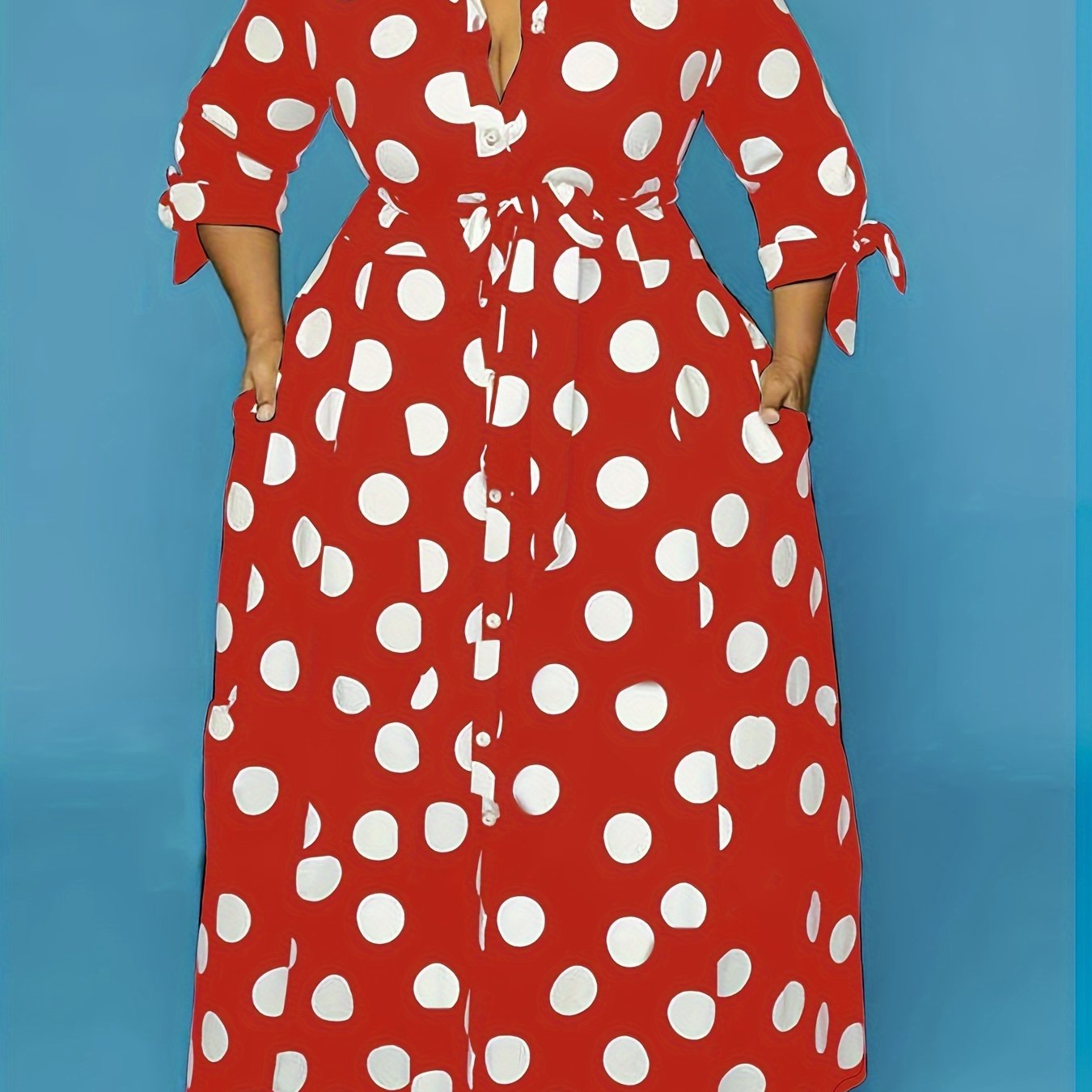Plus Size Elegant Dress, Women's Plus Polka Dots Print Button Up Collared Belted Maxi Dress