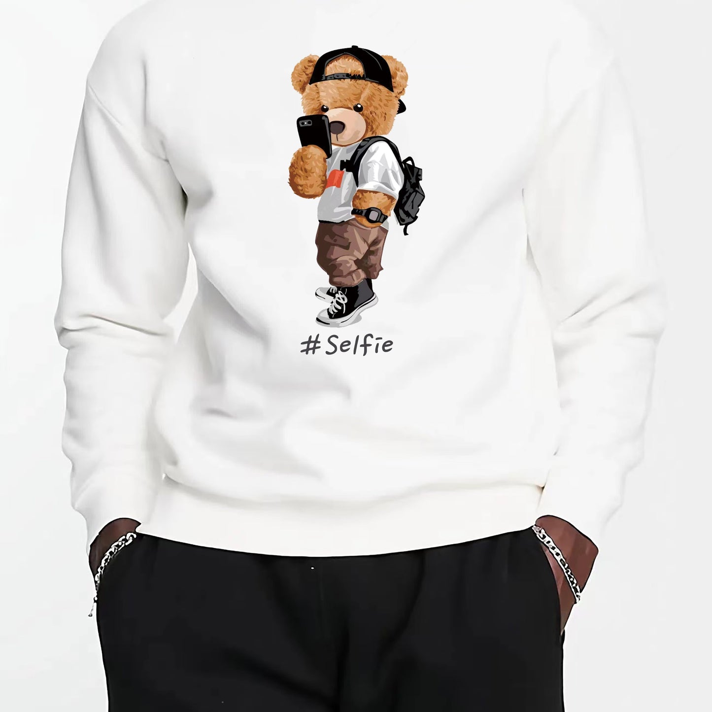 Men's Cartoon Bear Selfie Print Casual Round Neck Pullover Sweatshirt