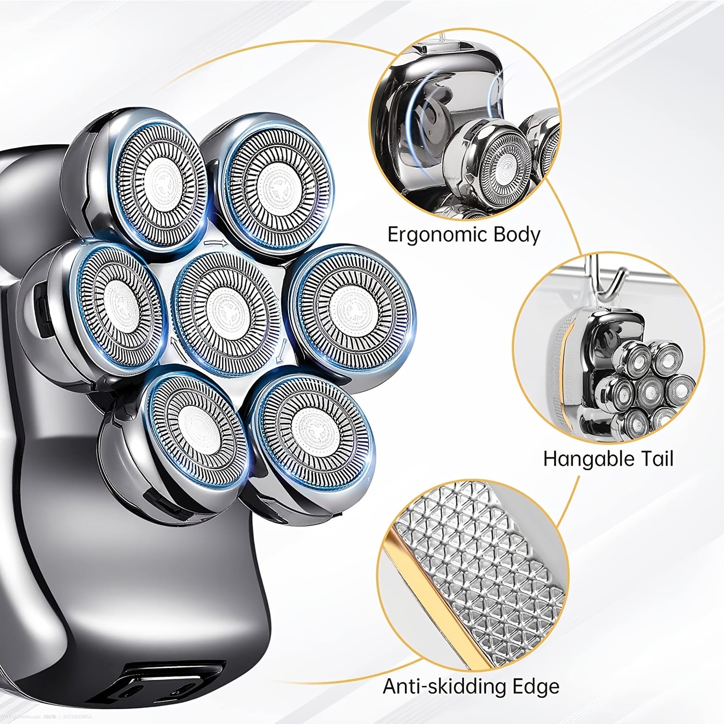 Men's Electronic Head Shaver Razor - Rechargeable Cordless Hair Shaving Razors For Bald Man 6 In 1 Wet Dry Beard Trimmer Body Hair Cutting Clipper Grooming Kit 7 Rotary Heads