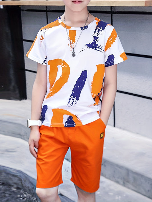 2pcs Boys Teen Casual Graffiti Round Neck T-shirt & Shorts Set Clothes For Summer Daily & Outdoor Wear