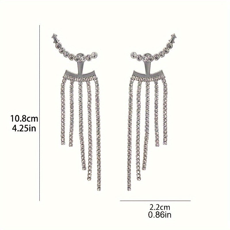Luxurious Copper Silver Plated Tassel Dangle Earrings - Sparkling Inlaid Design, Elegant Chain Detail, Banquet-Worthy Ear Ornaments for Special Occasions - Hypoallergenic, Nickel-Free, and Durable Jewelry for Women