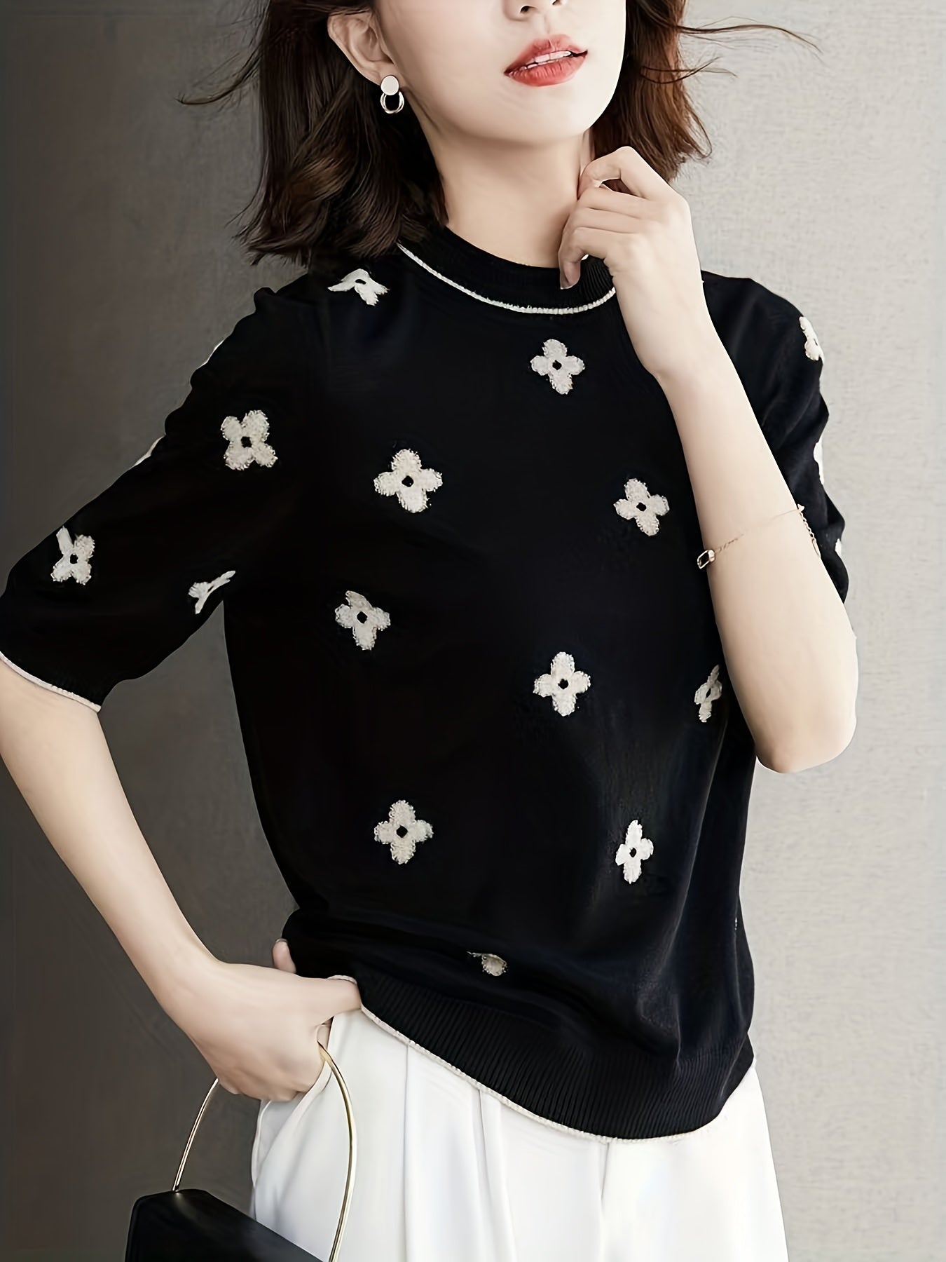 Valentine's Day Floral Print Knit Sweater, Casual Crew Neck Half Sleeve Sweater For Spring & Summer, Women's Clothing