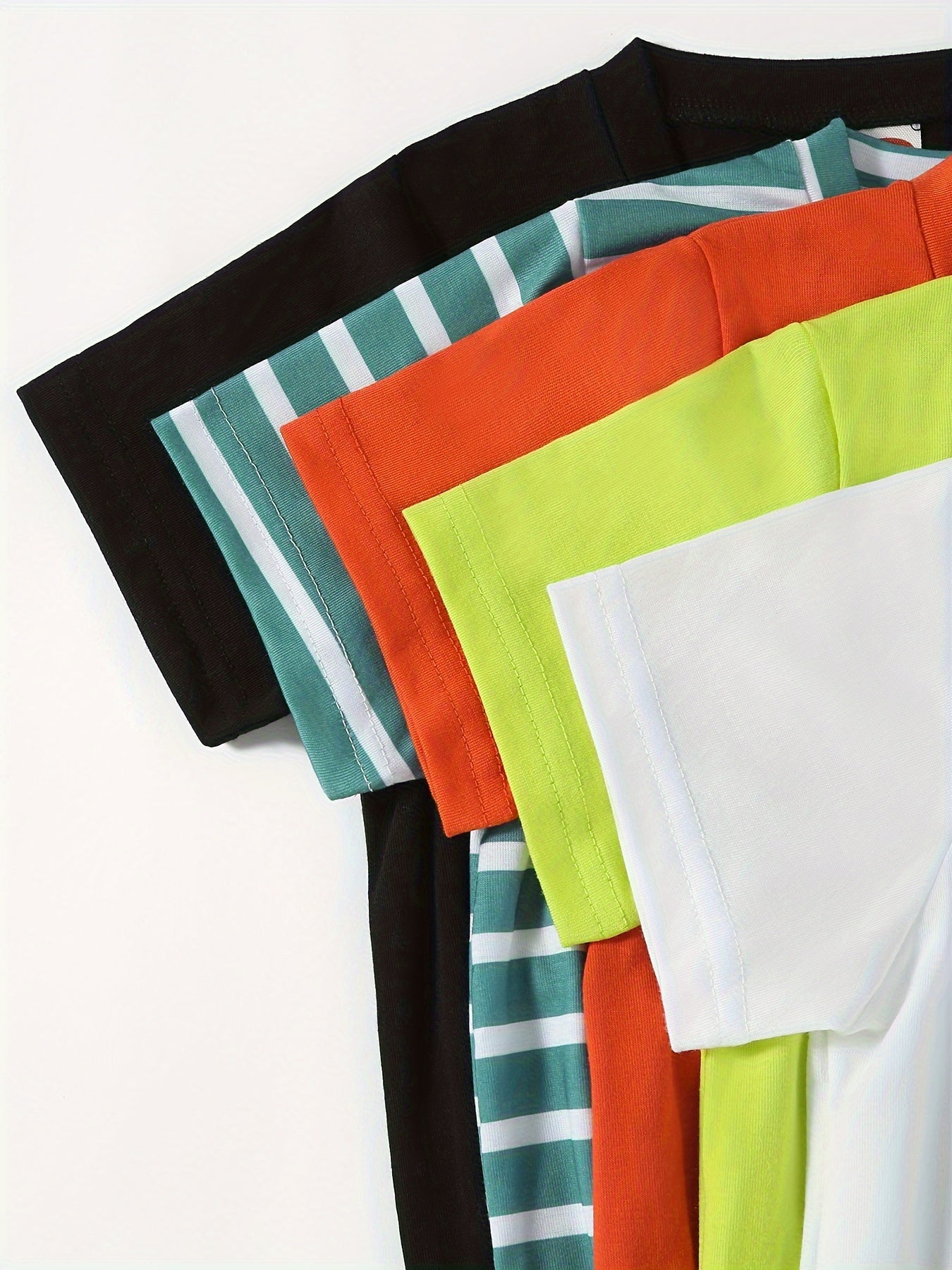 [Soft | Comfortable] 5pcs Soft & Comfortable Solid Color & Striped Round Neck T-shirt Tees Tops | Casual Boys And Girls Summer Clothes