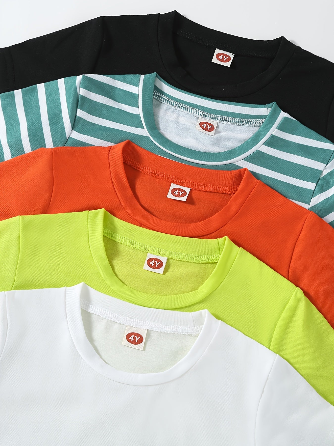 [Soft | Comfortable] 5pcs Soft & Comfortable Solid Color & Striped Round Neck T-shirt Tees Tops | Casual Boys And Girls Summer Clothes