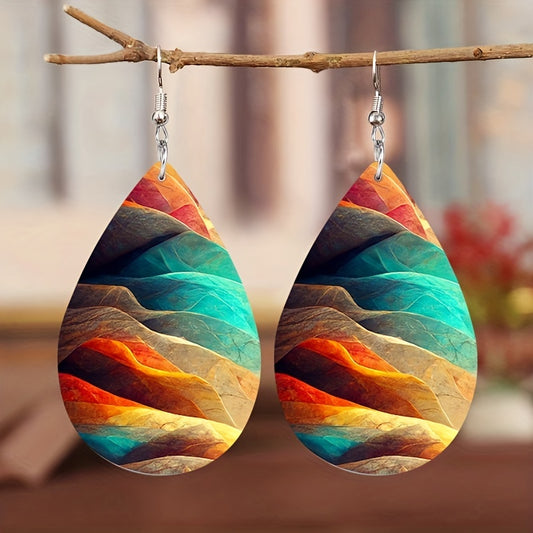 Colorful Mountain Print Teardrop Dangle Earrings Elegant Bohemian Style PU Leather Jewelry Daily Casual