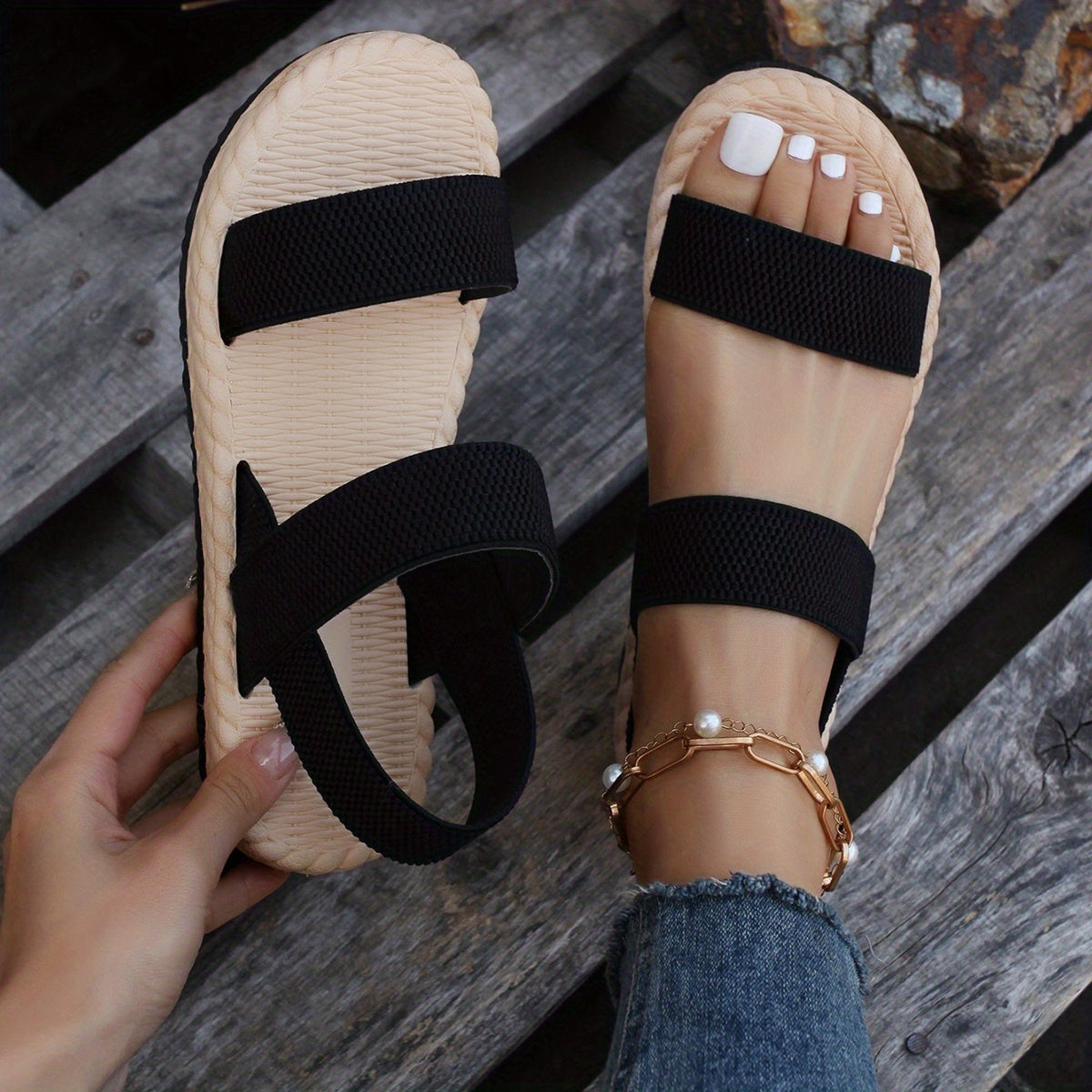 Womens Elastic Ankle Strap Flat Sandals - Vibrant Solid Colors, Open Toe Design, Slip On Closure, Faux Espadrille Upper - Perfect for Outdoor Activities and Beach Trips, Designed for the Modern Woman