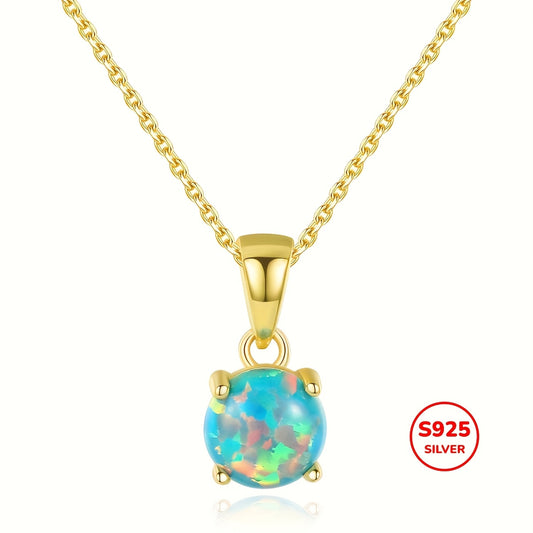 925 Sterling Silvery Synthetic Opal Pendant Necklace for Women, Elegant/Sexy Style, Golden Chain Jewelry Accessory