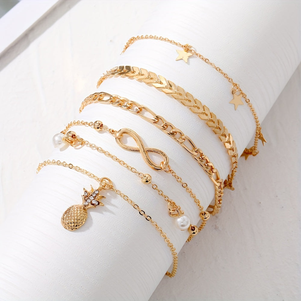 Vintage Golden Pineapple Faux Pearl Charm Anklet 5pcs/Set
