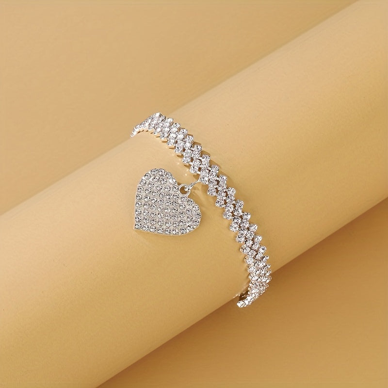 Rhombus Heart Anklet Set - Double Layer Rhinestone, Bling Bling Chain, Love Heart Pendant, Adjustable Ankle Bracelet, Fashion Jewelry for Women, Gift Idea, Perfect for Any Occasion