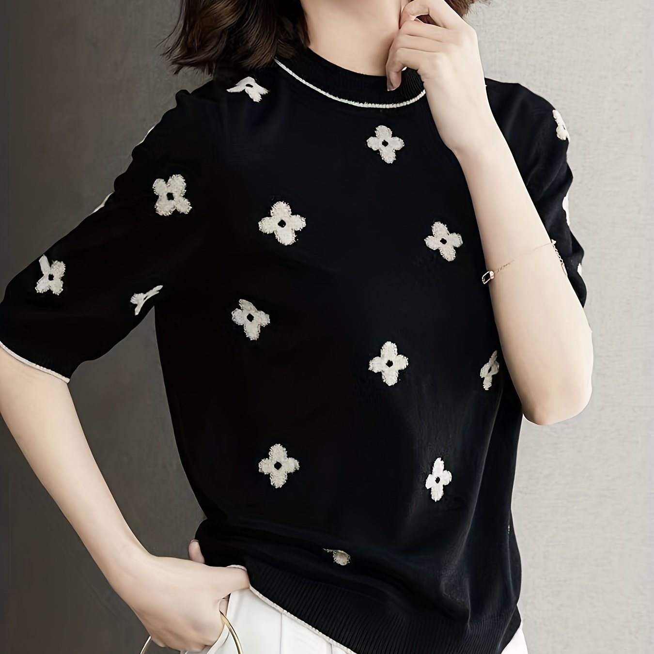 Valentine's Day Floral Print Knit Sweater, Casual Crew Neck Half Sleeve Sweater For Spring & Summer, Women's Clothing