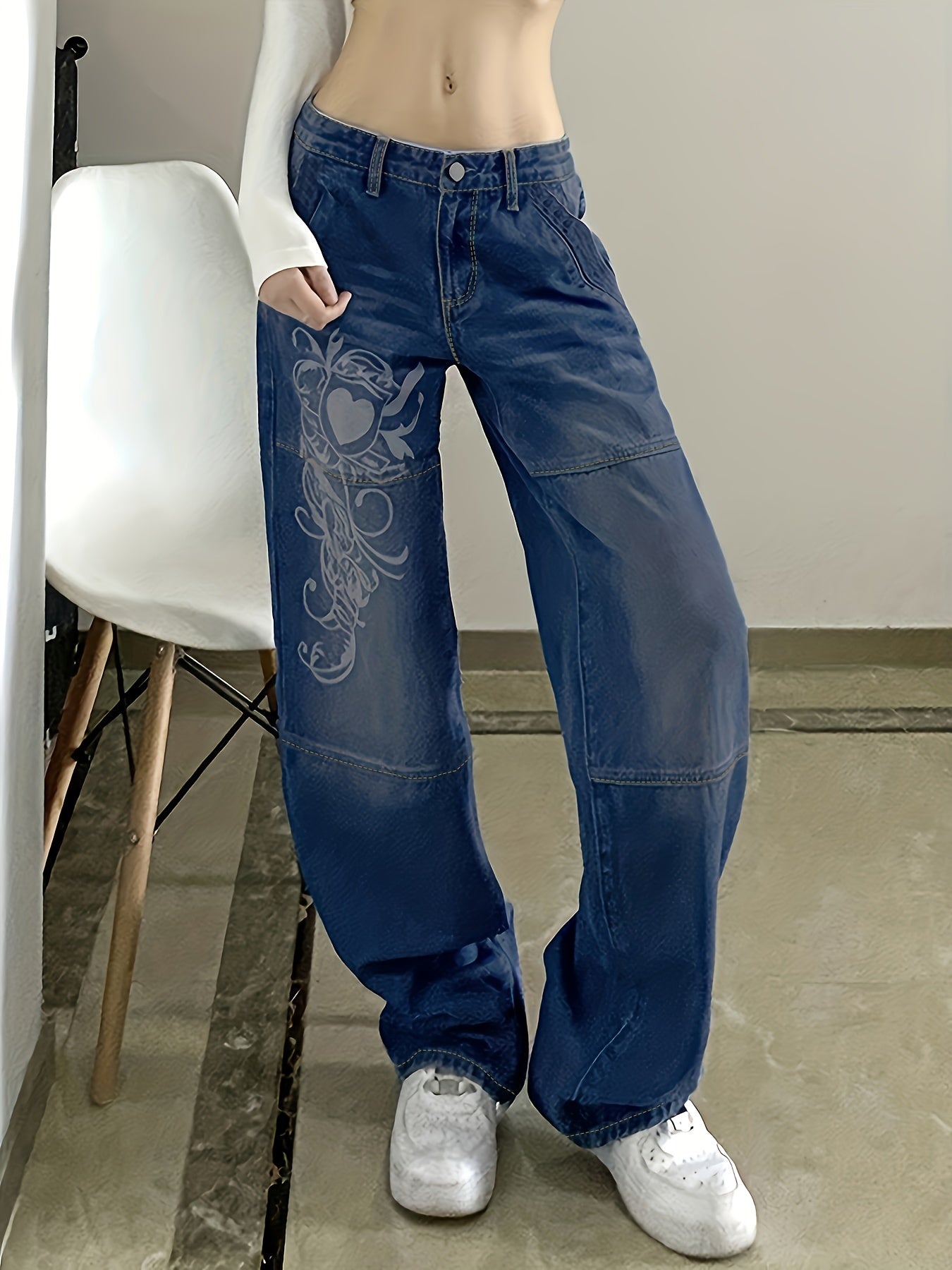 White Floral Print Thigh High Rise Loose Baggy Fit Straight Lets Plicated Hem Sectional Design High Waist Boyfriend Jeans, Women's Denim Jeans, Women's Clothing