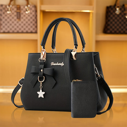 Chic Bow Decor Crossbody Bag for Women - Versatile Top Handle Satchel with Coin Purse, Adjustable Strap, and Zip Closure - Available in Khaki, Dark Pink, Light Blue, Black - Synthetic Material with Acrylic Lining, Cute Handba