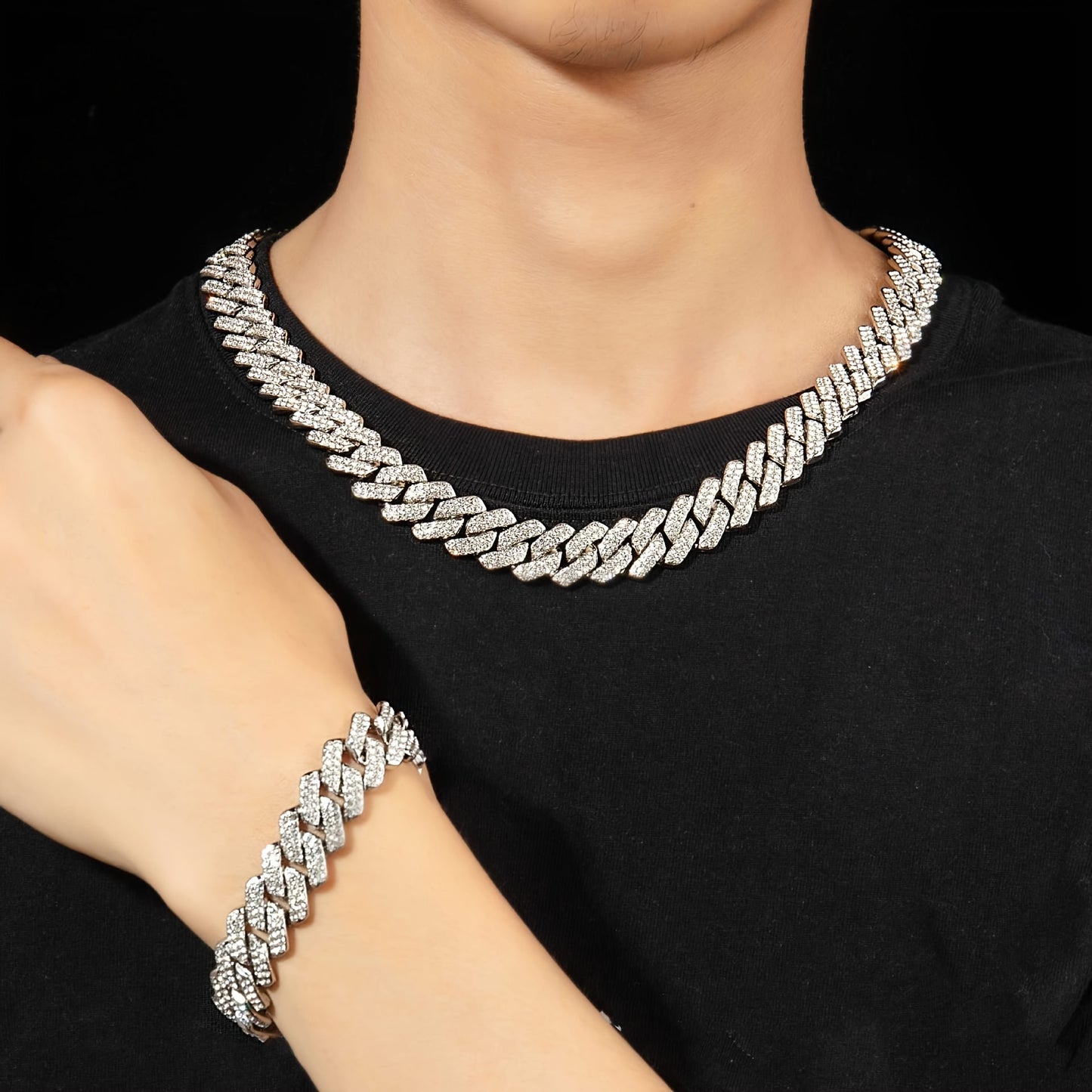 Chunky Iced Out Rhinestone Cuban Link Chain Necklace For Men, father's day gift